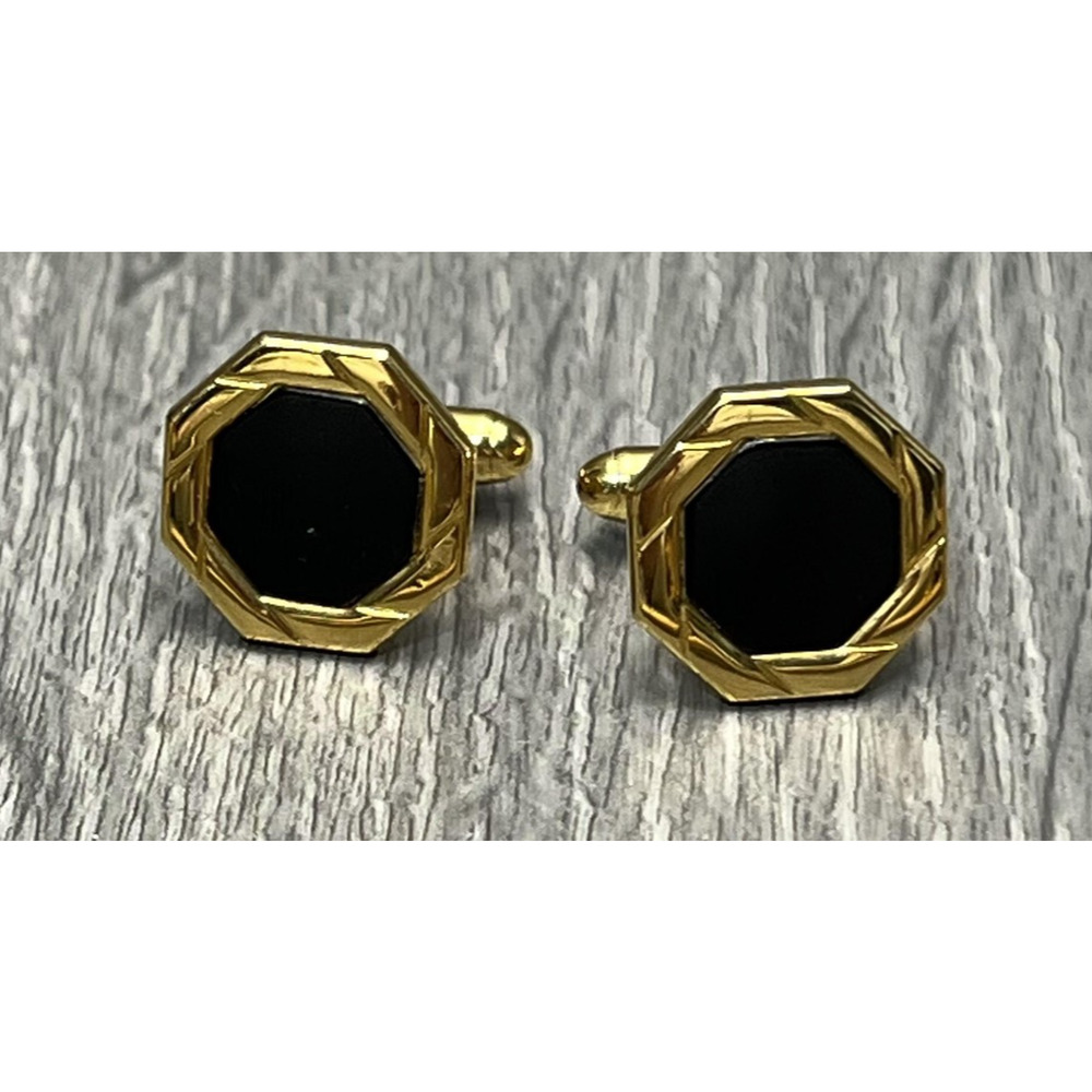 Gold Tone Black Enamel Octagon Cufflinks‎ Mens Dress Shirt Jewelry Classic